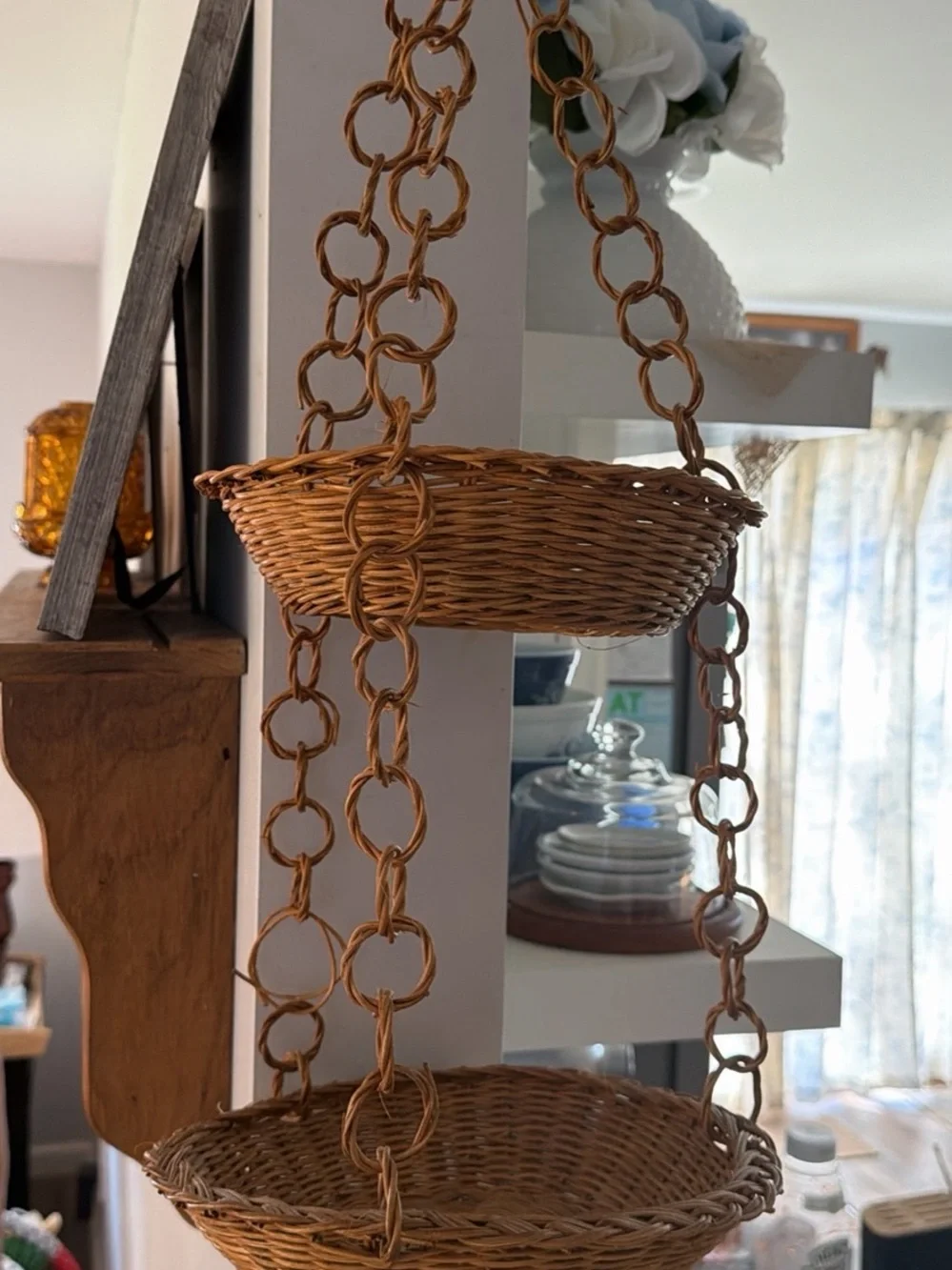 Handwoven Two-Tier Hanging Basket - Natural Brown